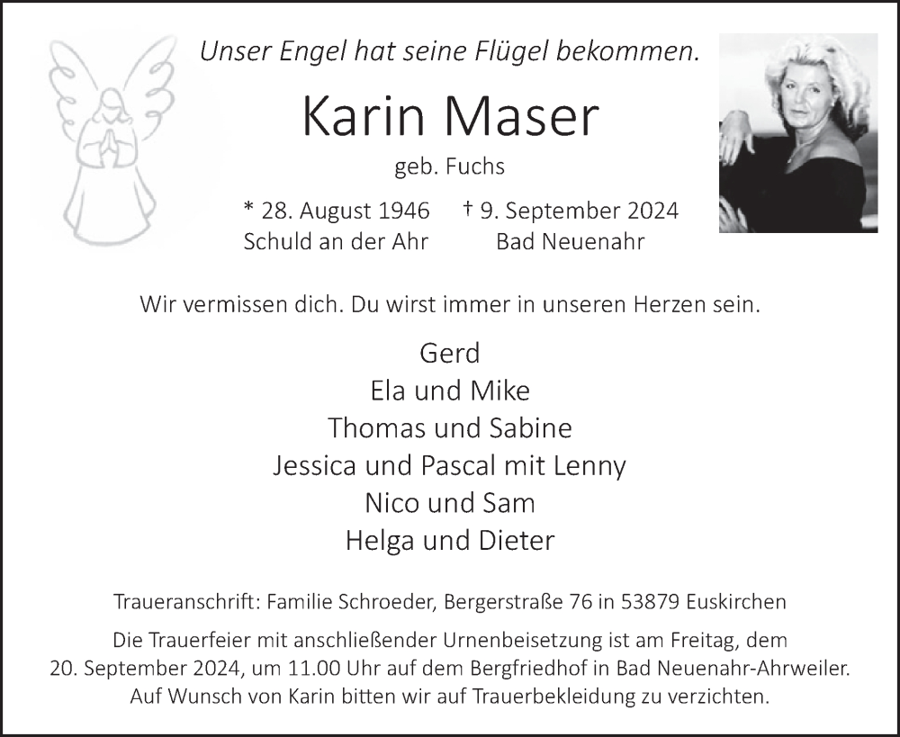  Traueranzeige für Karin Maser vom 14.09.2024 aus WochenSpiegel