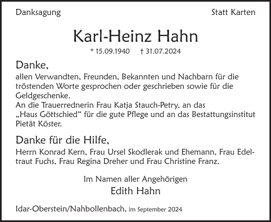 Traueranzeige von Karl-Heinz Hahn von WochenSpiegel