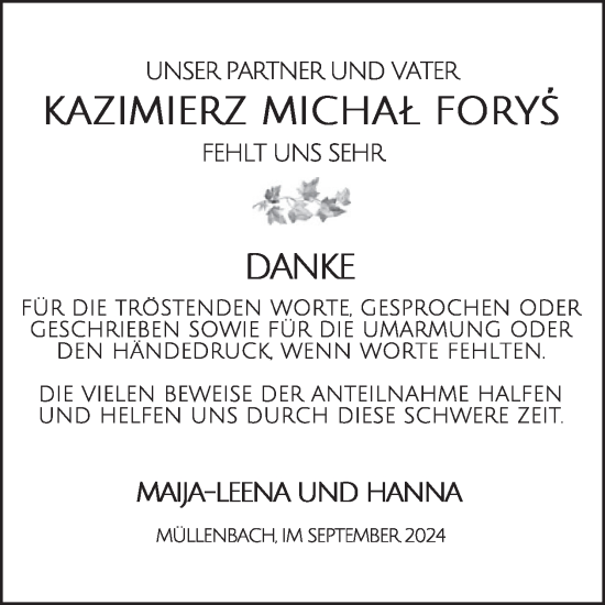 Traueranzeige von Kazimierz Michal Forys von WochenSpiegel