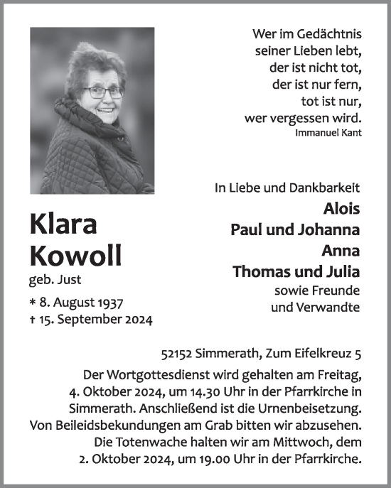 Traueranzeige von Klara Kowoll von WochenSpiegel