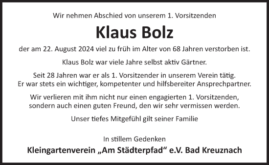 Traueranzeige von Klaus Bolz von WochenSpiegel