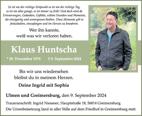 Traueranzeige von Klaus Huntscha von WochenSpiegel