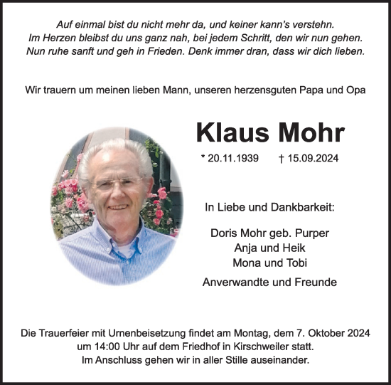 Traueranzeige von Klaus Mohr von WochenSpiegel