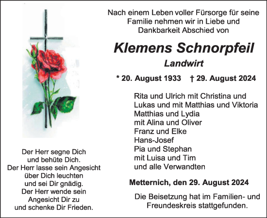Traueranzeige von Klemens Schnorpfeil von WochenSpiegel