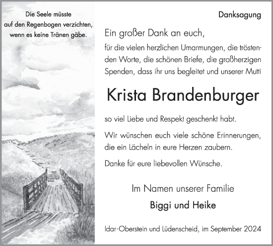 Traueranzeige von Krista Brandenburger von WochenSpiegel