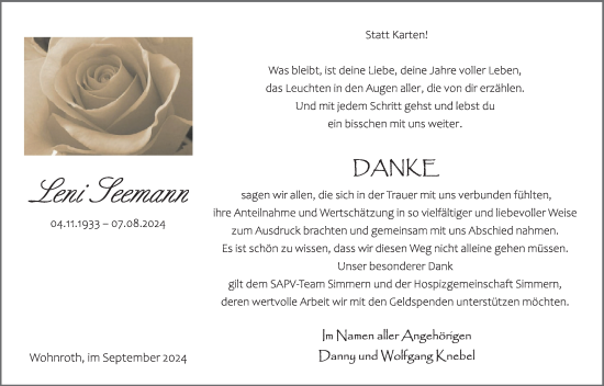 Traueranzeige von Leni Leemann von WochenSpiegel