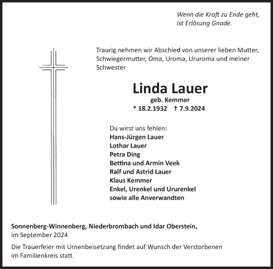 Traueranzeige von Linda Lauer von WochenSpiegel