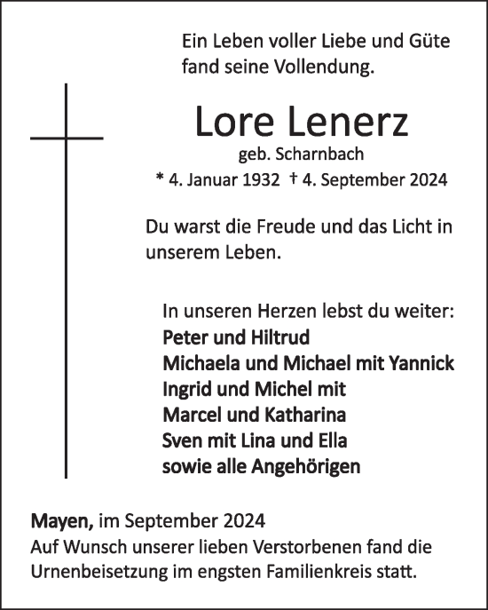 Traueranzeige von Lore Lenerz von WochenSpiegel