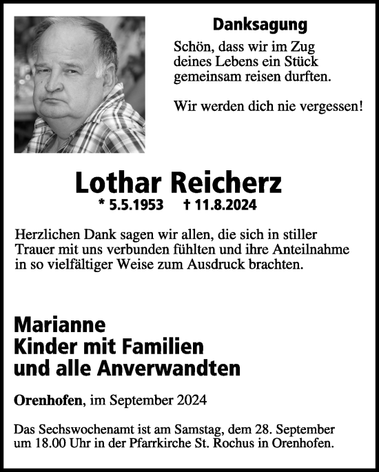 Traueranzeige von Lothar Reicherz von WochenSpiegel