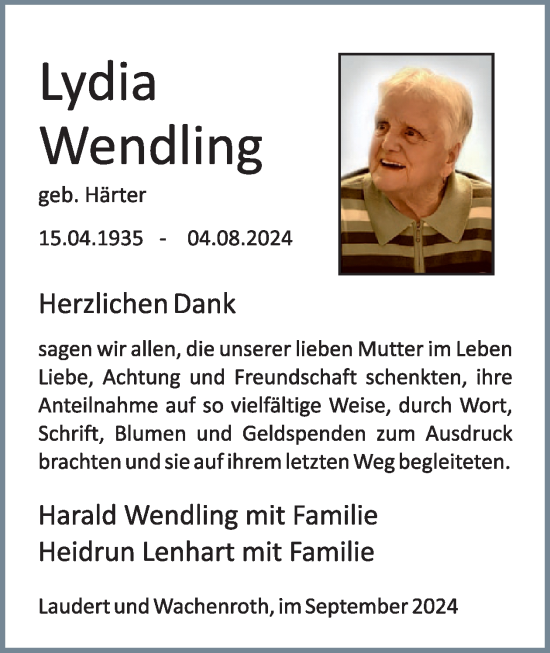 Traueranzeige von Lydia Wendling von WochenSpiegel