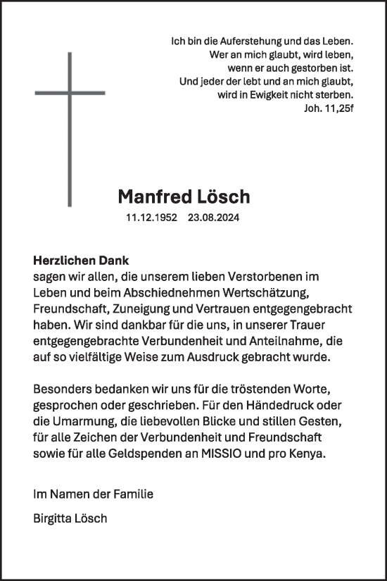 Traueranzeige von Manfred Lösch von WochenSpiegel