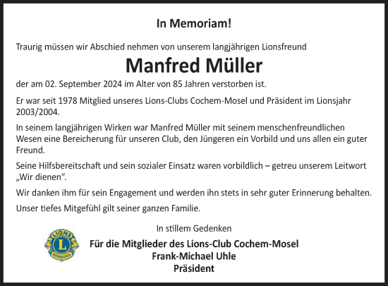 Traueranzeige von Manfred Müller von WochenSpiegel