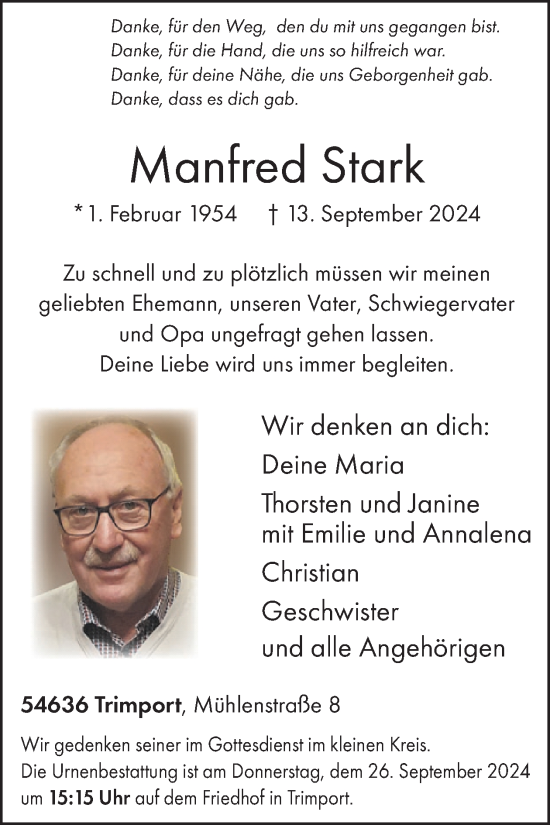 Traueranzeige von Manfred Stark von WochenSpiegel