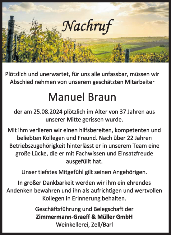 Traueranzeige von Manuel Braun von WochenSpiegel