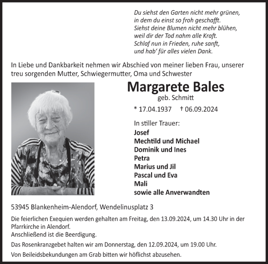 Traueranzeige von Margarete Bales von WochenSpiegel