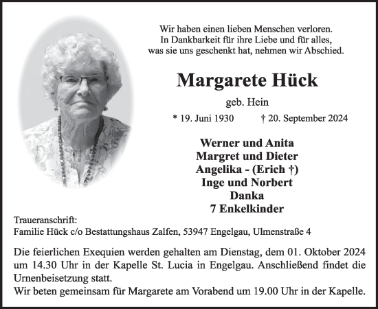 Traueranzeige von Margarete Hück von WochenSpiegel