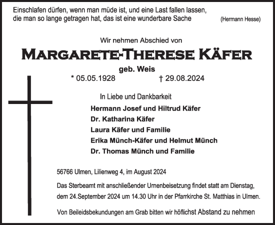 Traueranzeige von Margarete-Therese Käfer von WochenSpiegel