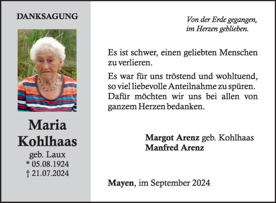 Traueranzeige von Maria Kohlhaas von WochenSpiegel