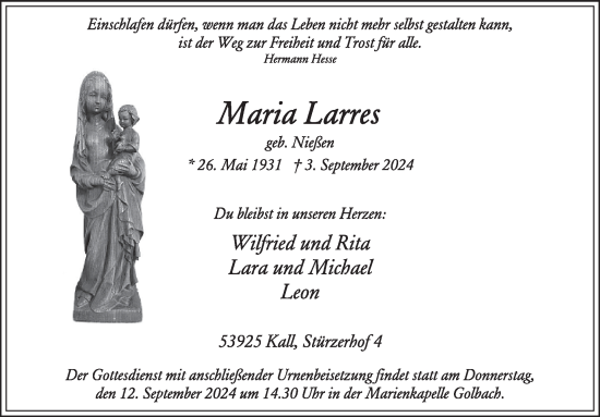 Traueranzeige von Maria Larres von WochenSpiegel