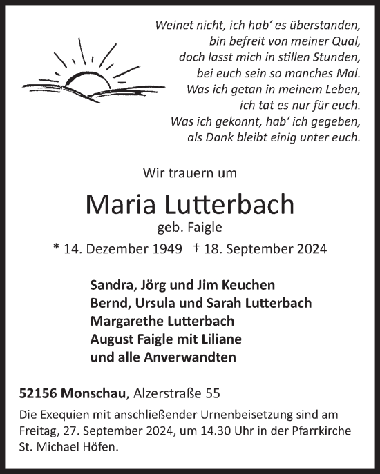 Traueranzeige von Maria Lutterbach von WochenSpiegel