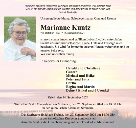 Traueranzeige von Marianne Kuntz von WochenSpiegel