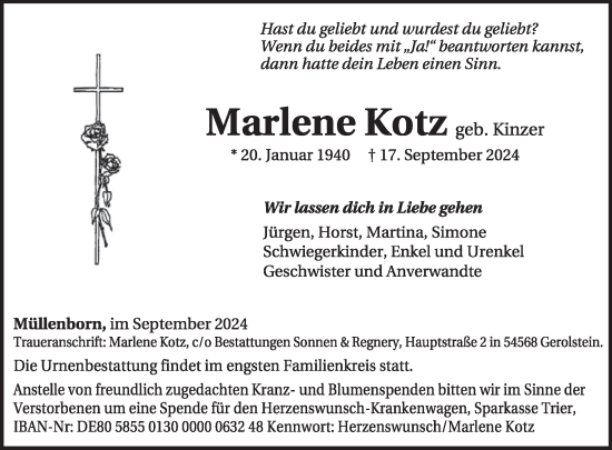 Traueranzeige von Marlene Kotz von WochenSpiegel