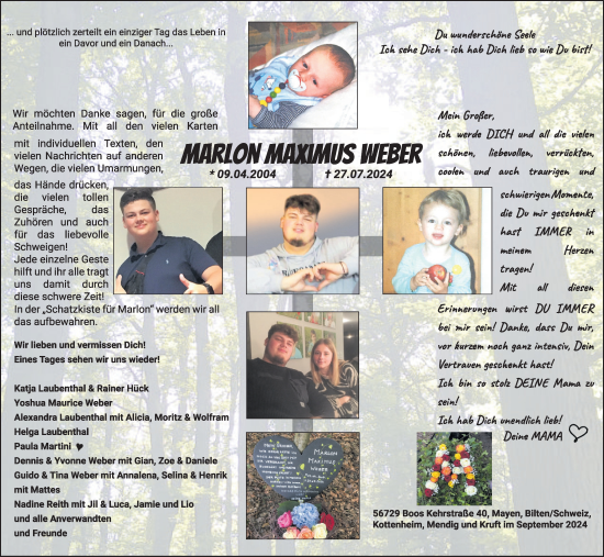 Traueranzeige von Marlon Maximus Weber von WochenSpiegel