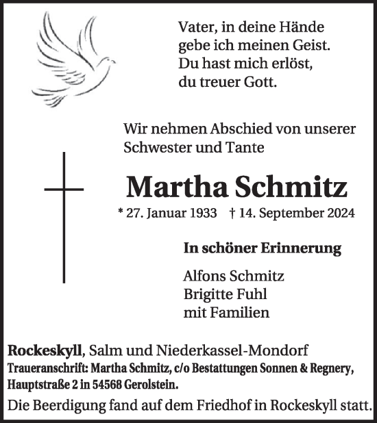 Traueranzeige von Martha Schmitz von WochenSpiegel
