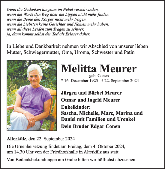 Traueranzeige von Melitta Meurer von WochenSpiegel