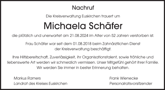 Traueranzeige von Michaela Schäfer von WochenSpiegel