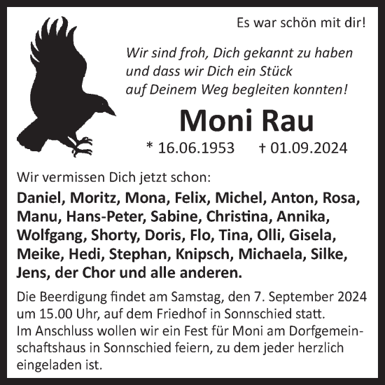 Traueranzeige von Moni Rau von WochenSpiegel