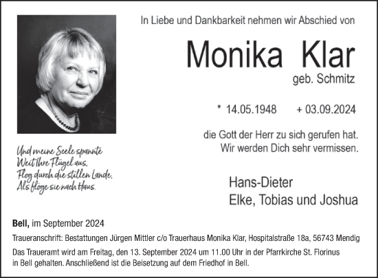 Traueranzeige von Monika Klar von WochenSpiegel