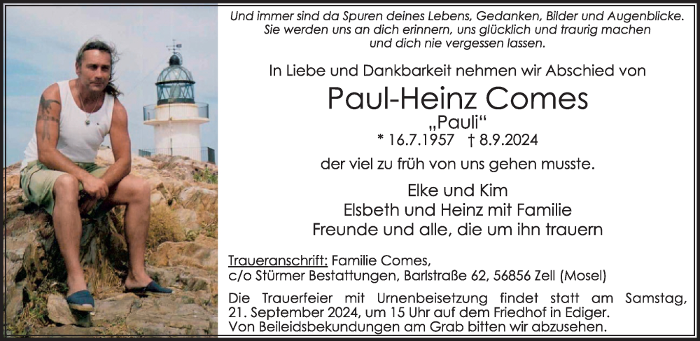  Traueranzeige für Paul-Heinz Comes vom 11.09.2024 aus WochenSpiegel