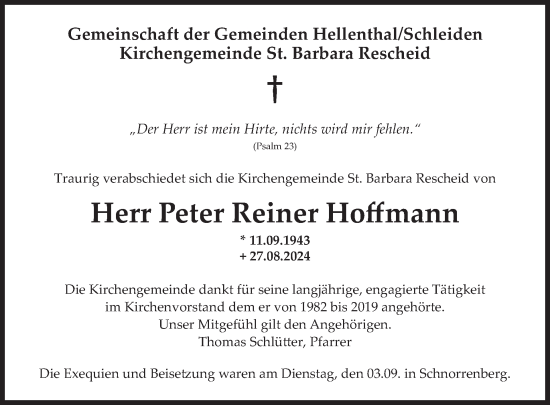 Traueranzeige von Peter Reiner Hoffmann von WochenSpiegel