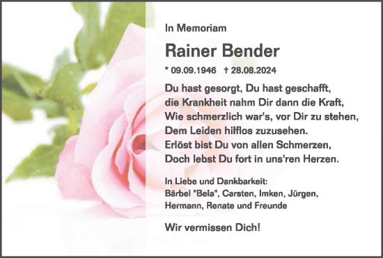 Traueranzeige von Rainer Bender von WochenSpiegel