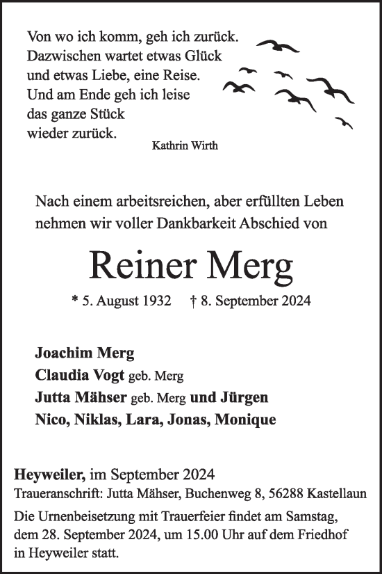 Traueranzeige von Reiner Merg von WochenSpiegel