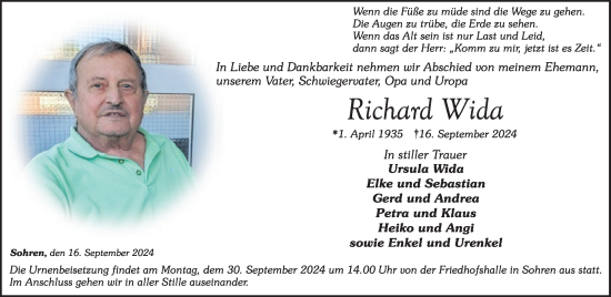 Traueranzeige von Richard Wida von WochenSpiegel