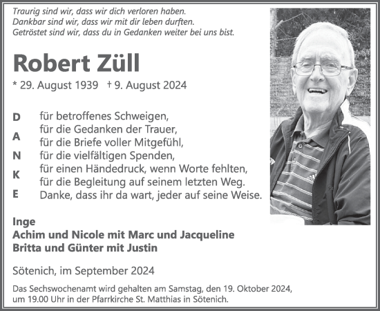 Traueranzeige von Robert Züll von WochenSpiegel