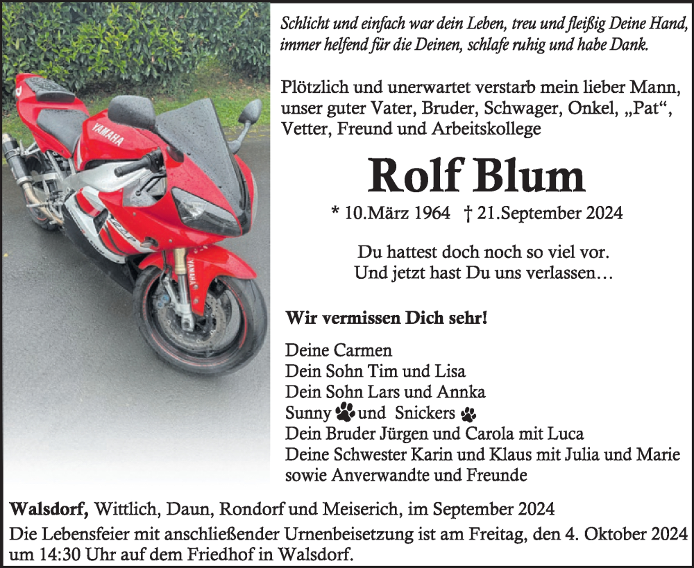  Traueranzeige für Rolf Blum vom 28.09.2024 aus WochenSpiegel