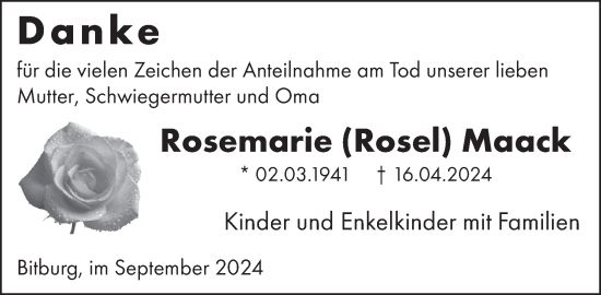 Traueranzeige von Rosemarie Maack von WochenSpiegel