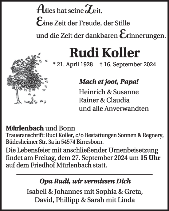 Traueranzeige von Rudi Koller von WochenSpiegel