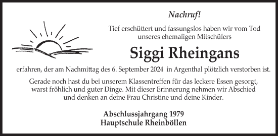 Traueranzeige von Siggi Rheingans von WochenSpiegel