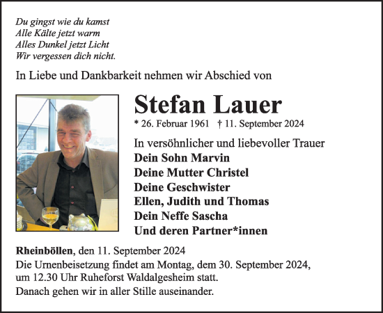Traueranzeige von Stefan Lauer von WochenSpiegel