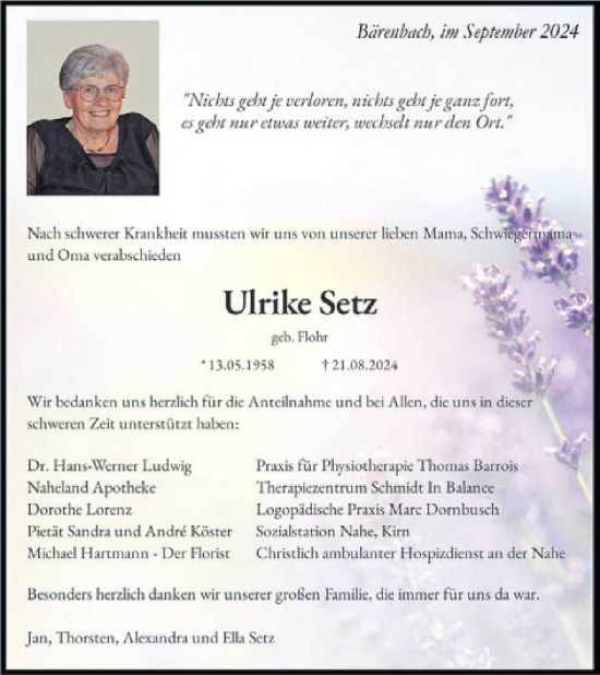 Traueranzeige von Ulrike Setz von WochenSpiegel