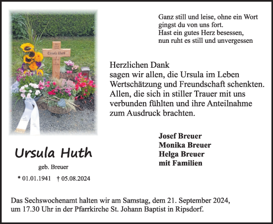 Traueranzeige von Ursula Huth von WochenSpiegel