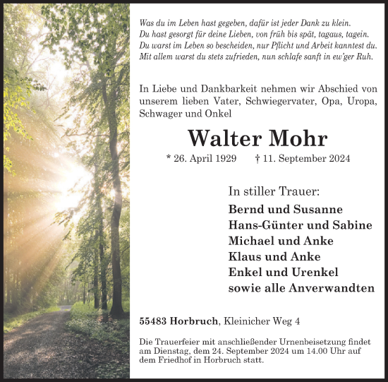 Traueranzeige von Walter Mohr von WochenSpiegel