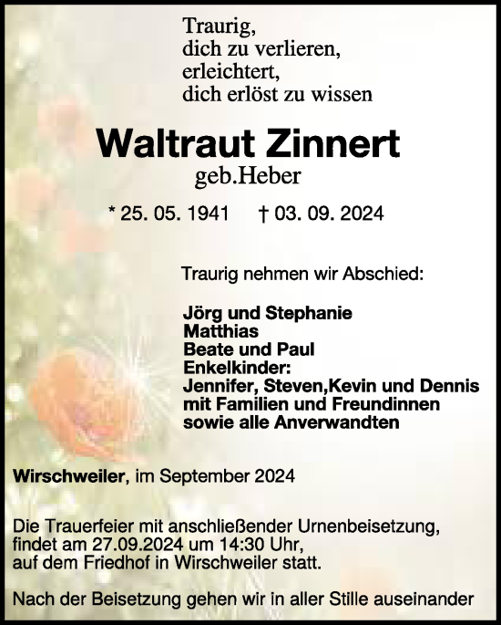 Traueranzeige von Waltraut Zinnert von WochenSpiegel