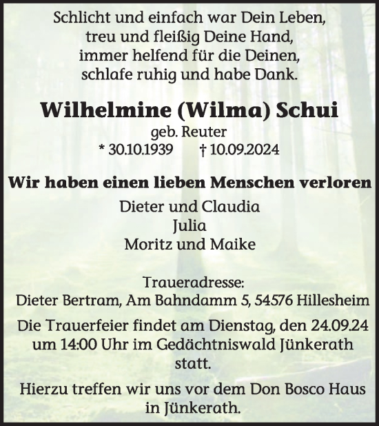 Traueranzeige von Wilhelmine  Schui von WochenSpiegel