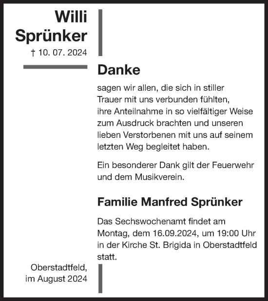 Traueranzeige von Willi Sprünker von WochenSpiegel