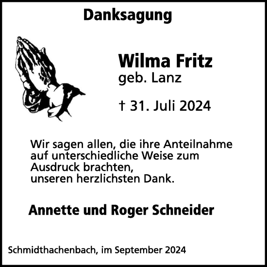 Traueranzeige von Wilma Fritz von WochenSpiegel
